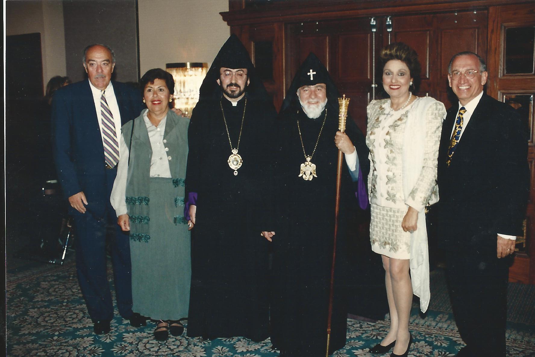 From L. to R. Mr. and Mrs. Arsen Hanamirian, Arch. Khajag Barsamian, His Holiness Karekin I and Dr. and Mrs. Raffy Hovanessian at St. David's Church in Florida