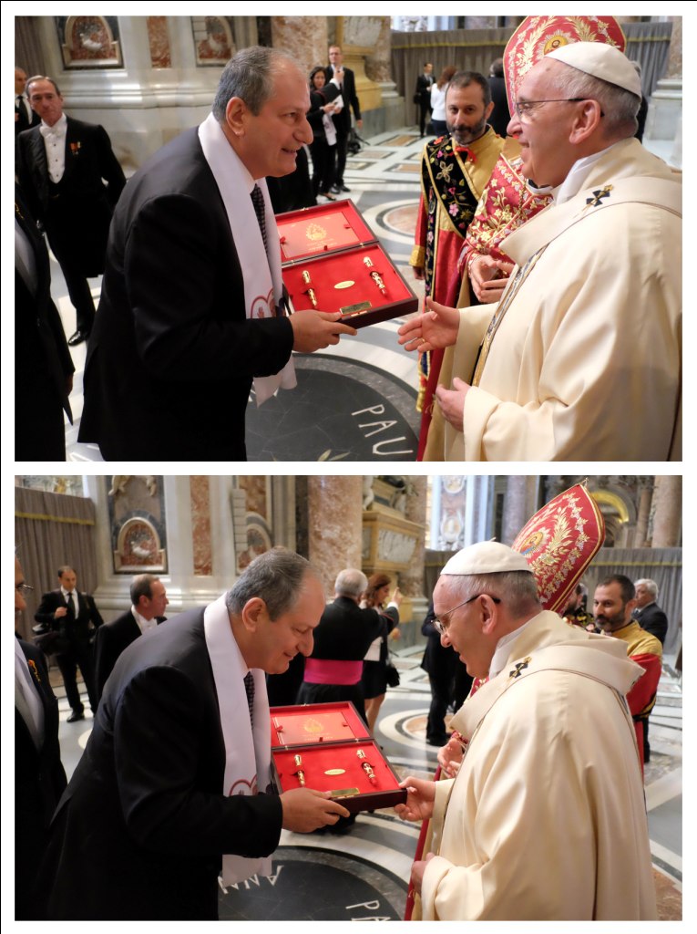 M Sc Krikor K Jabourian presents the Erebouni pen and the Rebirth Towards Eternity memory book to Pope Francis in St. Peter’s Basilica, Vatican