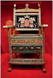 The ‘diamond armchair’ of Tsar Alexei Mikhailovich, the most elaborate of the royal thrones, was made by Persian Armenian craftsmen in 1659 and gifted to the tsar by merchants of the Armenian Trading Company. The throne is made of sandalwood faced with gold.