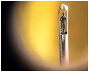 A stainless steel sculpture of Charlie Chaplin carved by Edward Ter Ghazarian, placed in the needle hole. Every single step is done by hand using traditional tools made by Mr. Tez Ghazarian